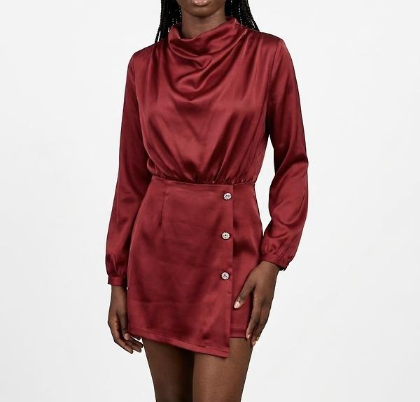 Red satin playsuit with draped collar and jeweled buttons, size S