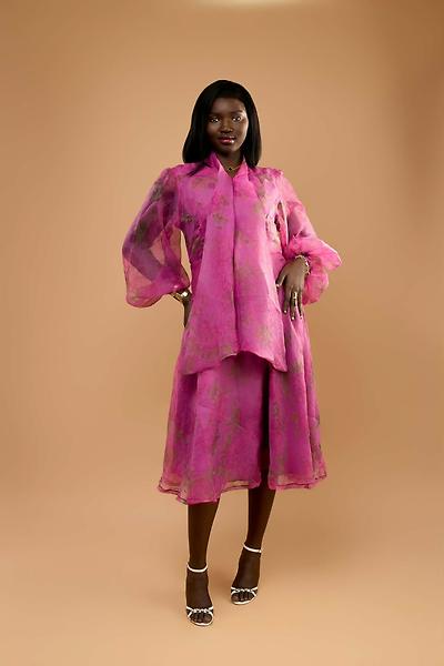 Floral organza dress with bow tie